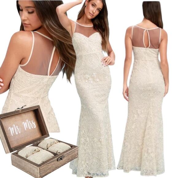 Lulu’s Women’s Nathalie Cream Embroidered Maxi Wedding Dress Size L MSRP 178$ - Picture 1 of 16